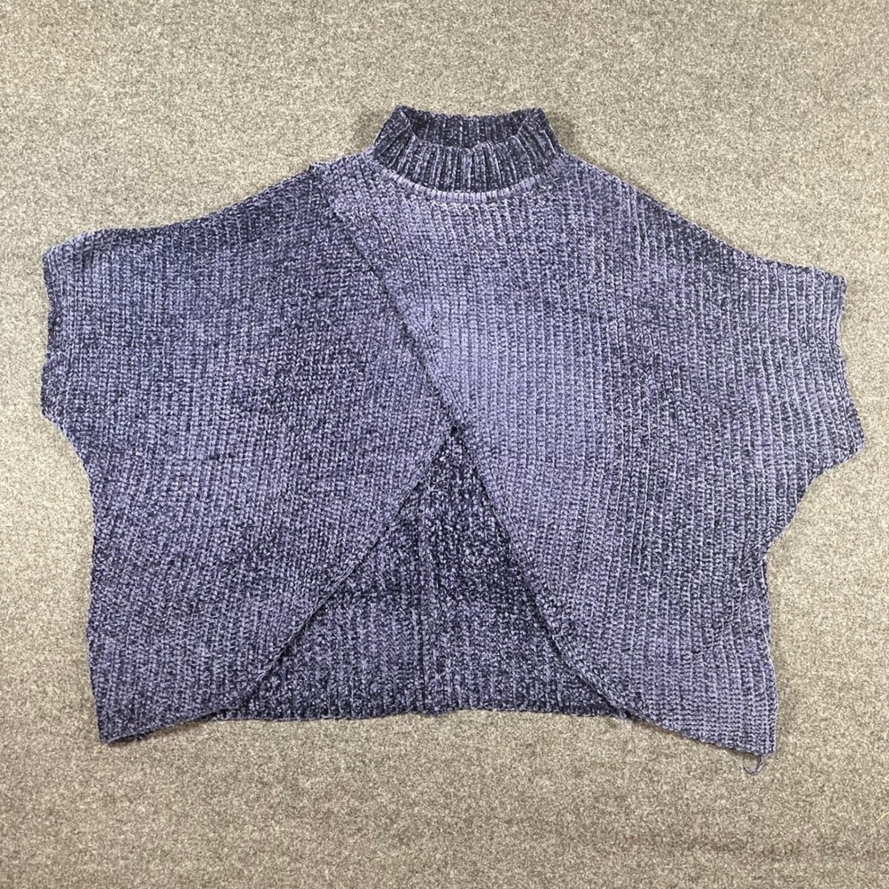 Elan Navy‎ Blue Cozy Chenille Mock Neck Crossover Poncho Sweater O/S